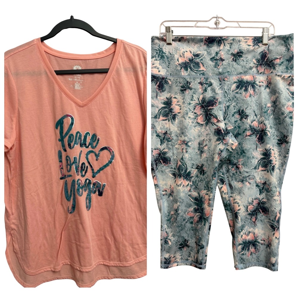 Bnsdr Peace Love Yoga Activewear Set XL Peach V-Neck Tee Floral Crop Leggings